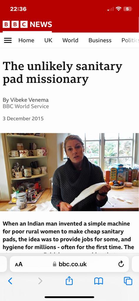 BBC article, The Unlikely Sanitary Pad Missionary